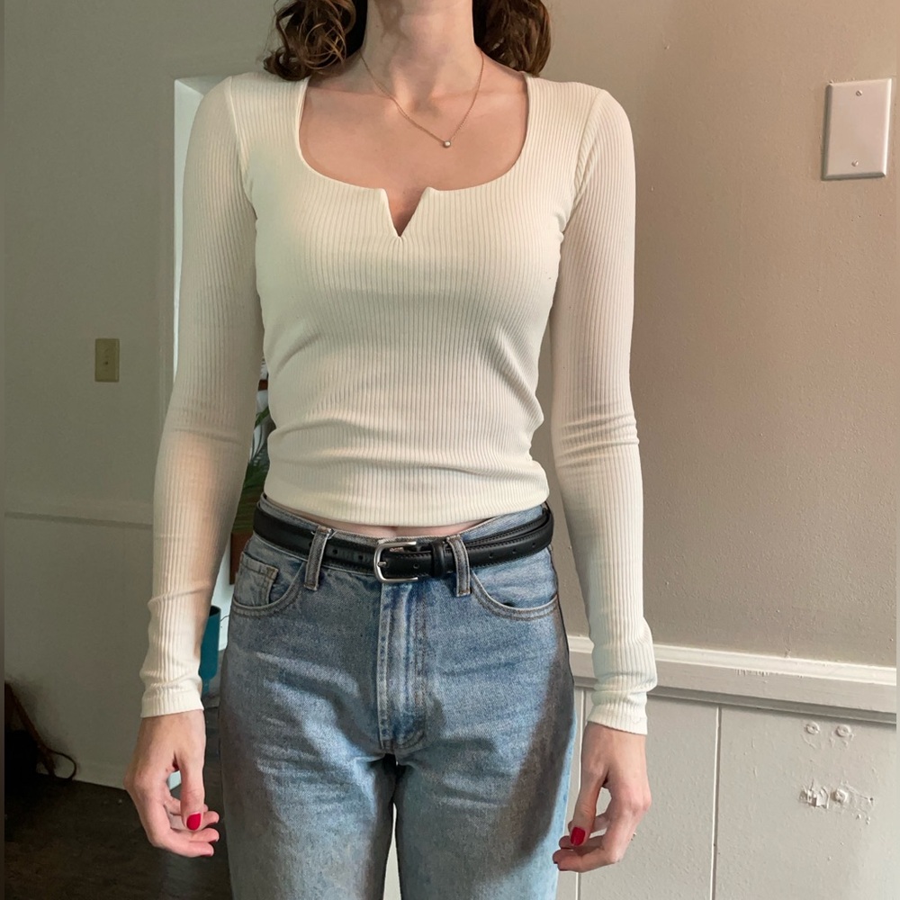 White Ribbed Long Sleeve Shirt
